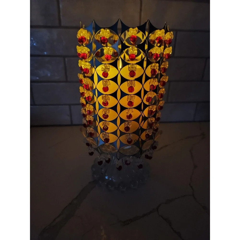 MCM Style 70s Or 80s Candle Holder Glass Base‎ With Beaded And Metal Tin Shade